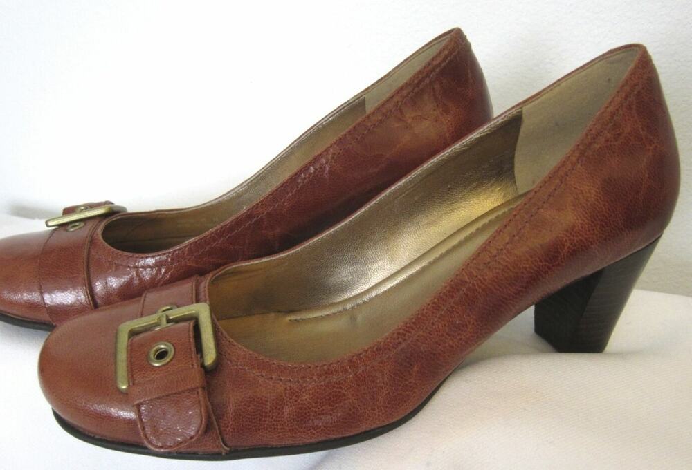ECCO Caramel LEATHER w Buckle Detail Round Toe Chunky Heels Career Wear 7.5 38